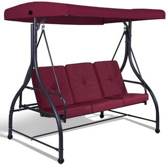 Red Burgundy Wine 3 Seat Cushioned Porch Patio Canopy Swing Chair - 73 x 44 x 68