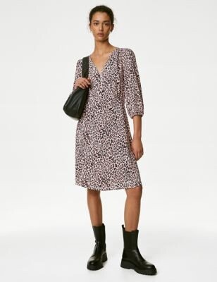 Animal Print V-Neck Knee Length Tea Dress