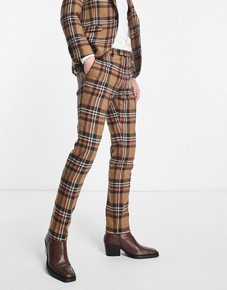 nevada skinny suit pants in beige and blue tartan check