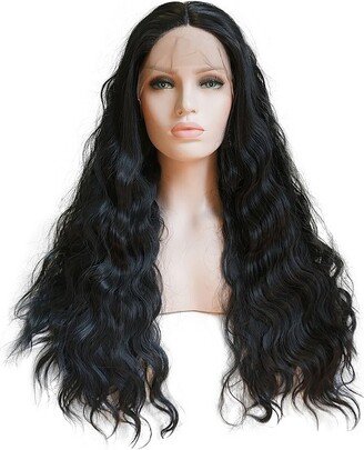 Unique Bargains Long Fluffy Curly Wavy Lace Front Wigs for Women with Wig Cap 24 Black 1PC