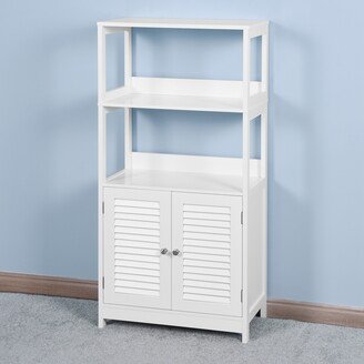 Freestanding Linen Tower, Tall Bathroom Storage Cabinet, 2 Open Shelves and Doors