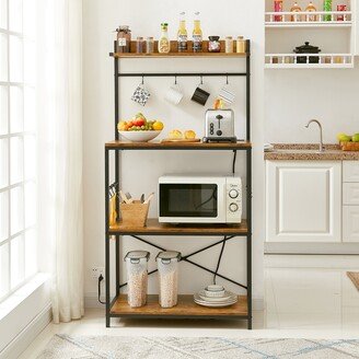 Bakers Rack with Power Outlet, Microwave Stand with 10 S-Shaped Hooks, 3 Tier, Coffee Bar, Kitchen Storage Shelf, Brown