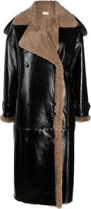 The Mannei Double-Breasted Shearling-Trim Leather Coat