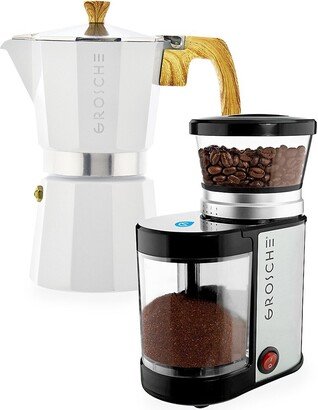 Milano Stovetop Espresso Maker, 9 Cup Moka Pot & Electric Coffee Grinder Bundle