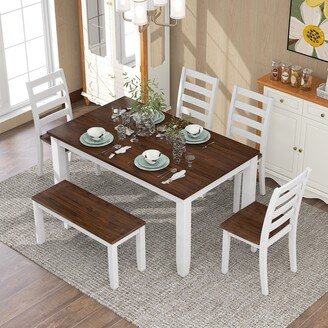 Sunmory Rustic Style 6-Piece Dining Room Table Set with 4 Ergonomic Designed Chairs & a Bench