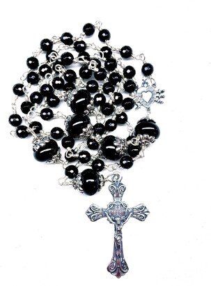 sterling Silver Crucifix & Center, 6mm Faceted Black Onyx, 10mm Smooth Onyx Rondelle Paters, Argentium Wire, Heirloom Rosary, Prayer