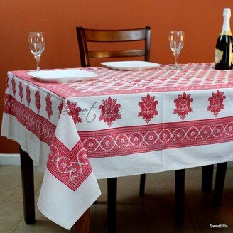 Handmade Cotton Block Print Floral Tablecloth Rectangle Blue Red White Dining Linen - 70 x 106 in