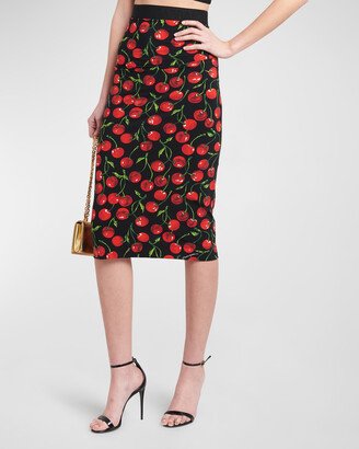 Cherry-Print Ruched Lycra Midi Skirt