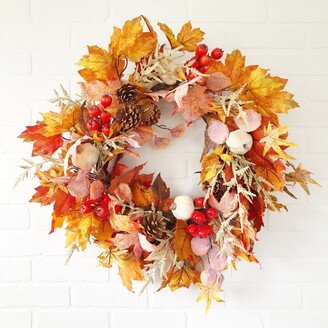 Fall White Pumpkin Maple Leaf Wreath For Front Door, & Berry