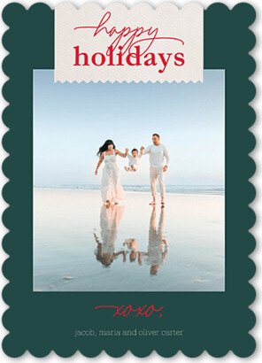 Holiday Cards: Linen Ribbon Holiday Card, Green, 5X7, Holiday, Matte, Signature Smooth Cardstock, Scallop