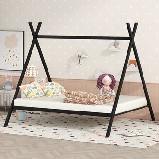 CTEX House Bed Tent Bed Frame Full Size Metal Floor Play House Bed with Slat for Kids Girls Boys