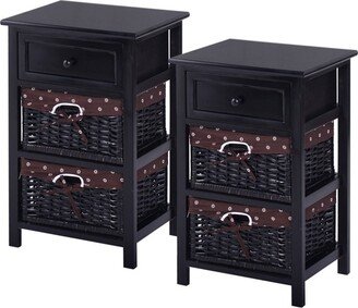 Set OF 2 Night Stand 3 Tier 1 Drawer Bedside End Table Organizer Wood W/2 Basket