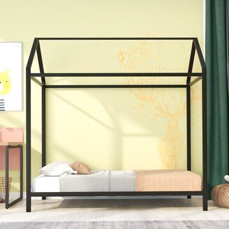 IGEMAN Height Adjustable Black Twin Size Kids House Bed Frame Metal Floor Platform Bed for Boys Girls