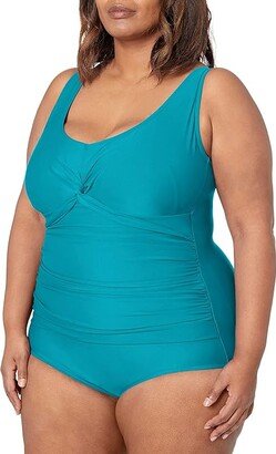 Women's Plus-Size V-Neck Shirred Twist Front One Piece Swimsuit (Emerald/Solids) Women's Swimsuits One Piece