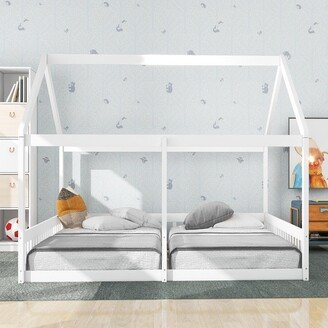 Aoolive Twin Size House Platform Beds,Two Shared Beds for Kids' Rooms