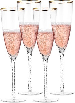 Berkware Luxurious Long Twisted Stem Champagne Flutes with 14k Gold Rim - 10.6oz (Set of 4)