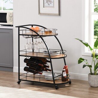 Kahomvis Black 3-tier Metal and Wood Rolling Bar Cart Serving Wine Cart with Wheels