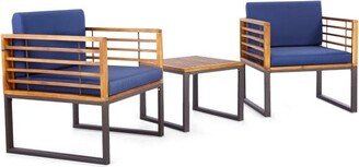 3 Pieces Patio Acacia Wood Conversation Set with Cushioned Armchairs-Navy - 20 x 20 x 16