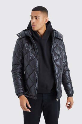 Mens Black High Shine Onion Quilted Puffer With Hood