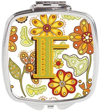 CJ2003-FSCM Letter F Floral Mustard & Green Compact Mirror