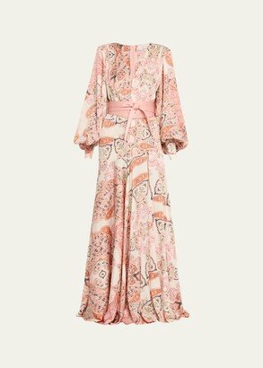 Carmen Paisley-Print Bishop-Sleeve Gown