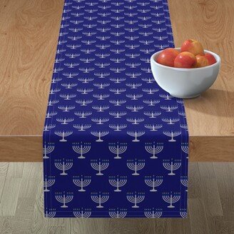 Table Runners: Blue & Matte Silver Menorahs On Midnight Table Runner, 72X16, Blue