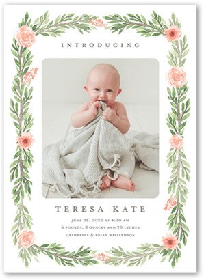 Birth Announcements: Floral Garland Birth Announcement, Orange, 5X7, Standard Smooth Cardstock, Square