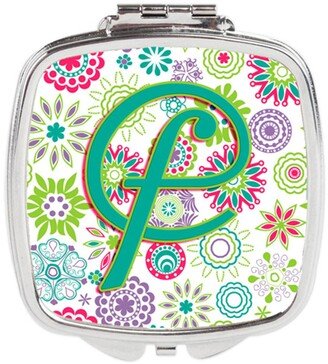 CJ2011-FSCM Letter F Flowers Pink Teal Green Initial Compact Mirror