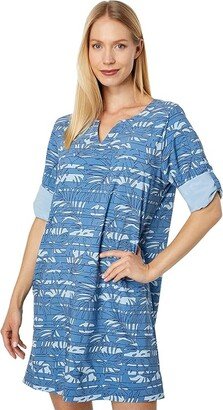 Bean's Stretch Swim Cover-Up Split-Neck Tunic Print (Rustic Blue Linear Palm) Women's Swimwear