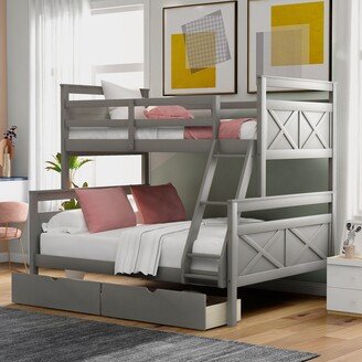 Calnod Contemporary Design Twin over Full Grey Bunk Bed with Ladder, Two Storage Drawers and Safety Guardrail Suitable for Bedroom