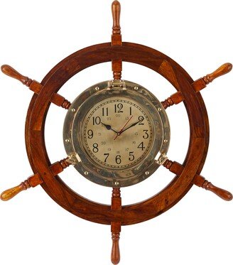 WILLOW ROW Goldtone Wood Ship wheel Sail Boat Wall Clock