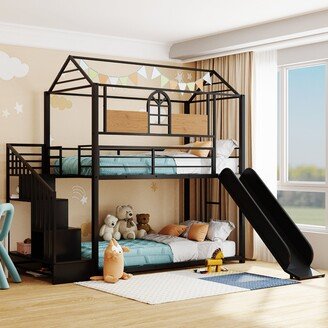 Sunmory Twin Over Twin Metal Bunk Bed ,Metal Housebed with Slide and Storage Stair