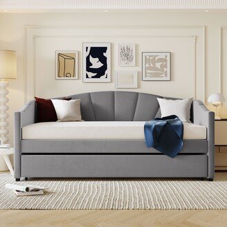 EDWINRAY Twin Size Upholstered Daybed with Trundle Bed and Wood Slat