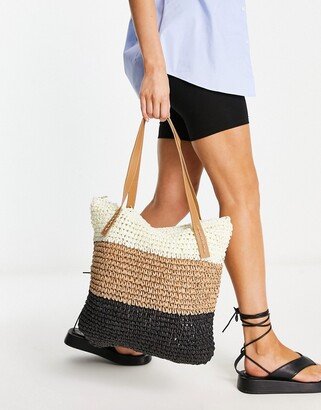 My Accessories London beach straw tote bag in neutral color black