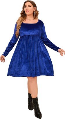 KOJOOIN Women's Plus Size Square Neck Puff Long Sleeves Velvet Pleated Swing Midi Cocktail Dress Royal Blue 3XL