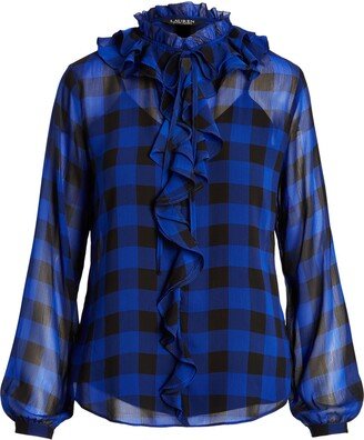 Buffalo Check Ruffled Georgette Blouse Top Bright Blue