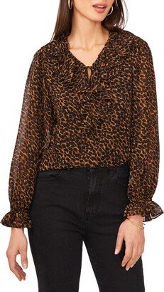 Animal Print Ruffle Tie Neck Blouse