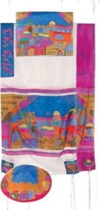 Jerusalem Vista in Color Woven Cotton and Silk Tallit Set By Yair Emanuel 21x77-AA