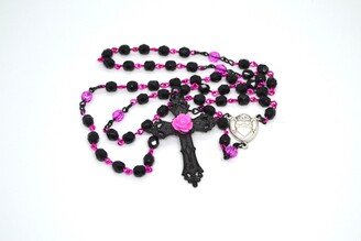 Unique Black & Pink Rosary Beads | Rose On Crucifix Personalized Custom Gifts