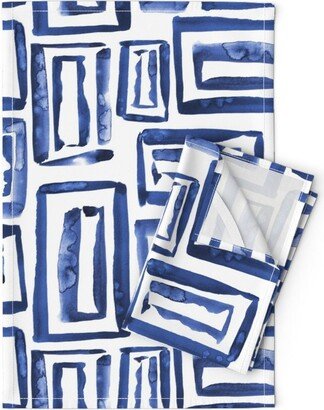 Watercolor Geo Tea Towels | Set Of 2 - Blue Ink Squares By Rebeccaflaherty Shapes Boho White Linen Cotton Spoonflower