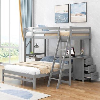 Calnod Twin Over Full Bunk Bed with Built-in Desk & 3 Drawers, Solid Wood Bedframe with Safe Guardrail & Ladder for Kids Bedroom