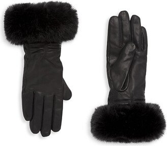 Faux-Fur-Trim Cashmere-Lined Ruched Leather Gloves