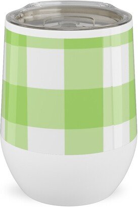 Travel Mugs: Gingham Checks Stainless Steel Travel Tumbler, 12Oz, Green