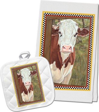 Cow Brown & White Hereford Kitchen Dish Towel Pot Holder Gift Set