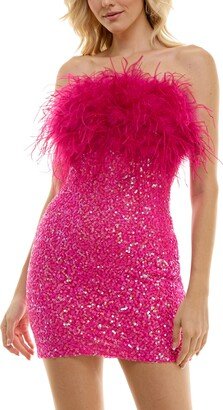 Juniors' Feathered & Sequined Bodycon Dress - Fuschia/Iridescent