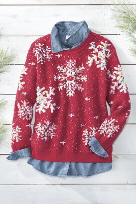 Women's Snowflake Boucle Pullover - Fresh Red Multi - PS - Petite Size