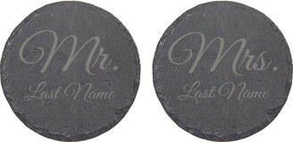 Mr & Mrs Natural Slate Stone Coaster 4 X Personalized Custom Circle Wedding Laser Engraved Bride Groom Beer Couple Wine Home