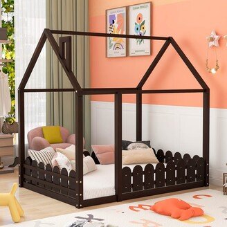 IGEMAN Full Size Wood Bed House Bed Frame with Fence, for Kids, Teens, Girls, Boys