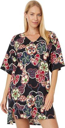 N by Natori Kimono Cotton Knit Sleepshirt (Black Multi) Women's Pajama