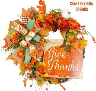 Fall Grapevine Wreath/Harvest Autumn Door Hanger Give Thanks Thanksgiving Rustic